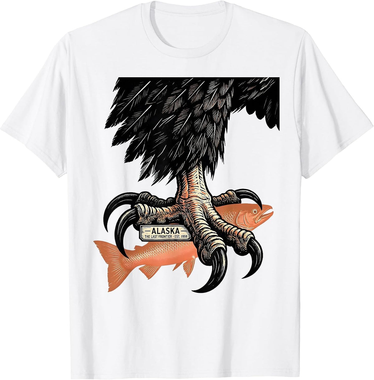 Men's Alaska The Last Frontier Est 1959 Linocut Eagle Salmon T-Shirt - White