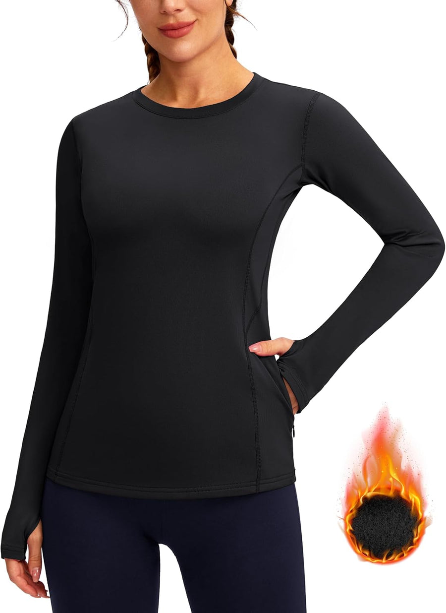 G Gradual Women's Thermal Tops Long Sleeve Workout Fleece Lined Shirts - Black