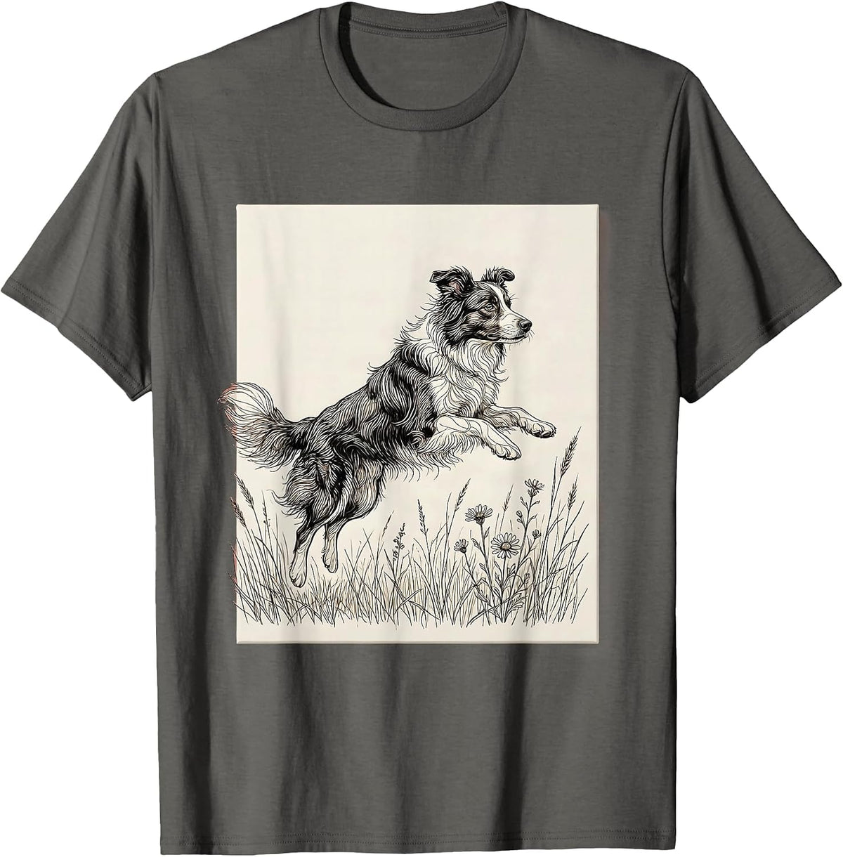 Border Collie Leaping Through Meadow Grass T-Shirt - Asphalt Grey