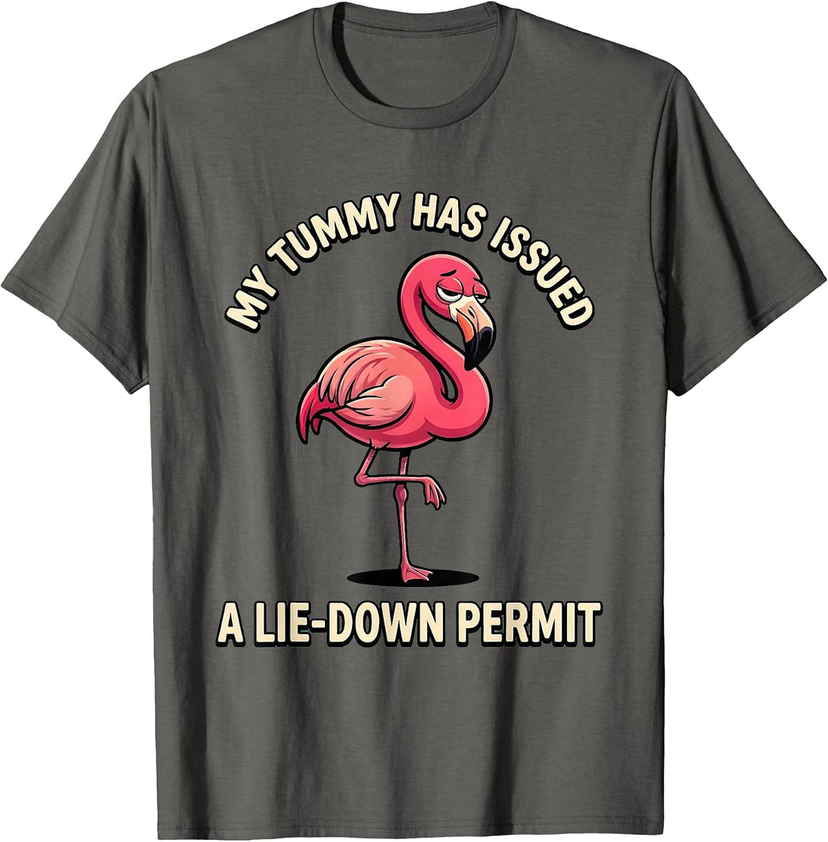 My Tummy Has Issued A Lie-Down Permit Funny Flamingo Meme T-Shirt - Asphalt Grey