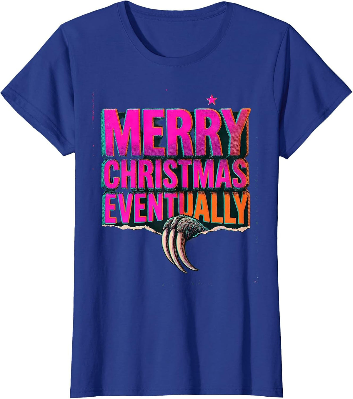 Women's Merry Christmas, Eventually Risograph Sloth Lover Holiday T-Shirt - Royal Blue