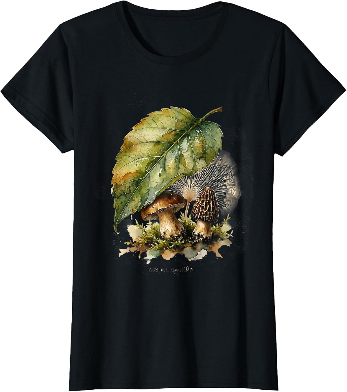 Morel Backup Watercolor Mushroom Foraging Humor Gift T-Shirt - Black