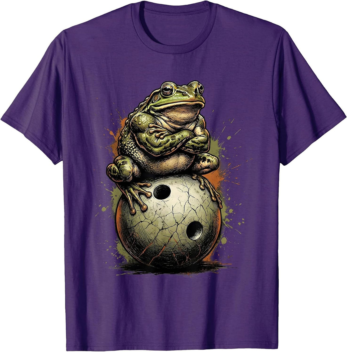 Men's Frog on Bowling Ball Funny Bowling Graphic T-Shirt - Purple