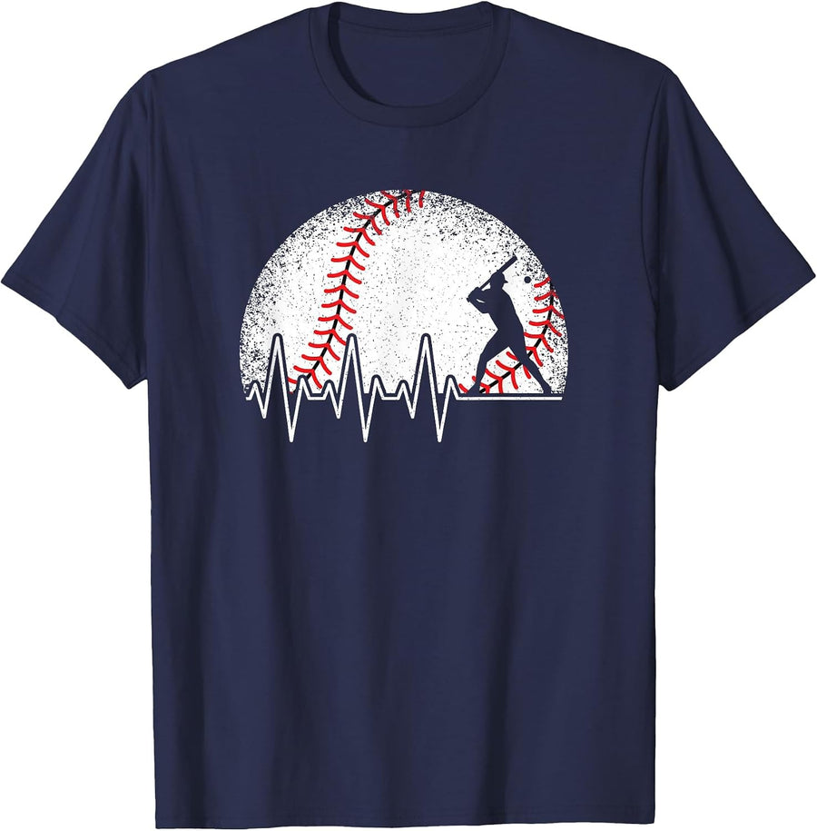 Funny Baseball Heartbeat Vintage Men Boys T-Shirt - Navy Blue