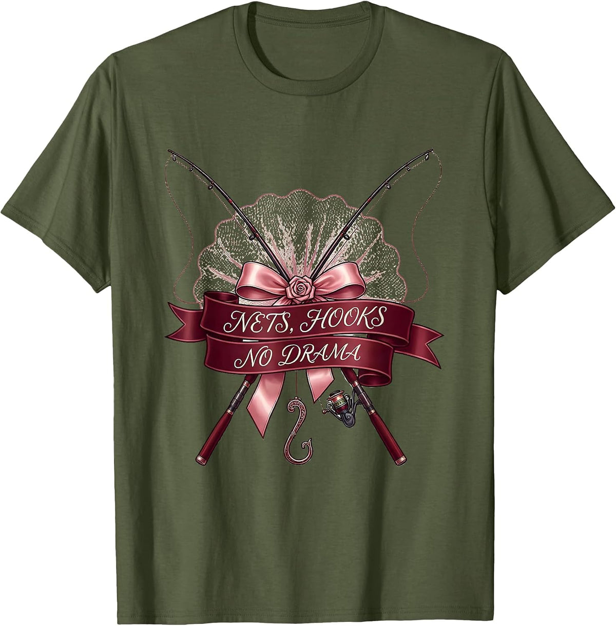 Men's Nets Hooks No Drama Fishing Design T-Shirt - Olive Green