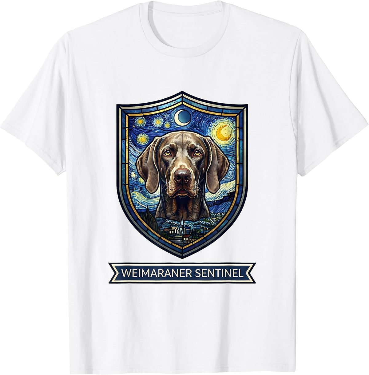 Men's Weimaraner Sentinel Van Gogh Style Starry Night Dog Breed T-Shirt - White