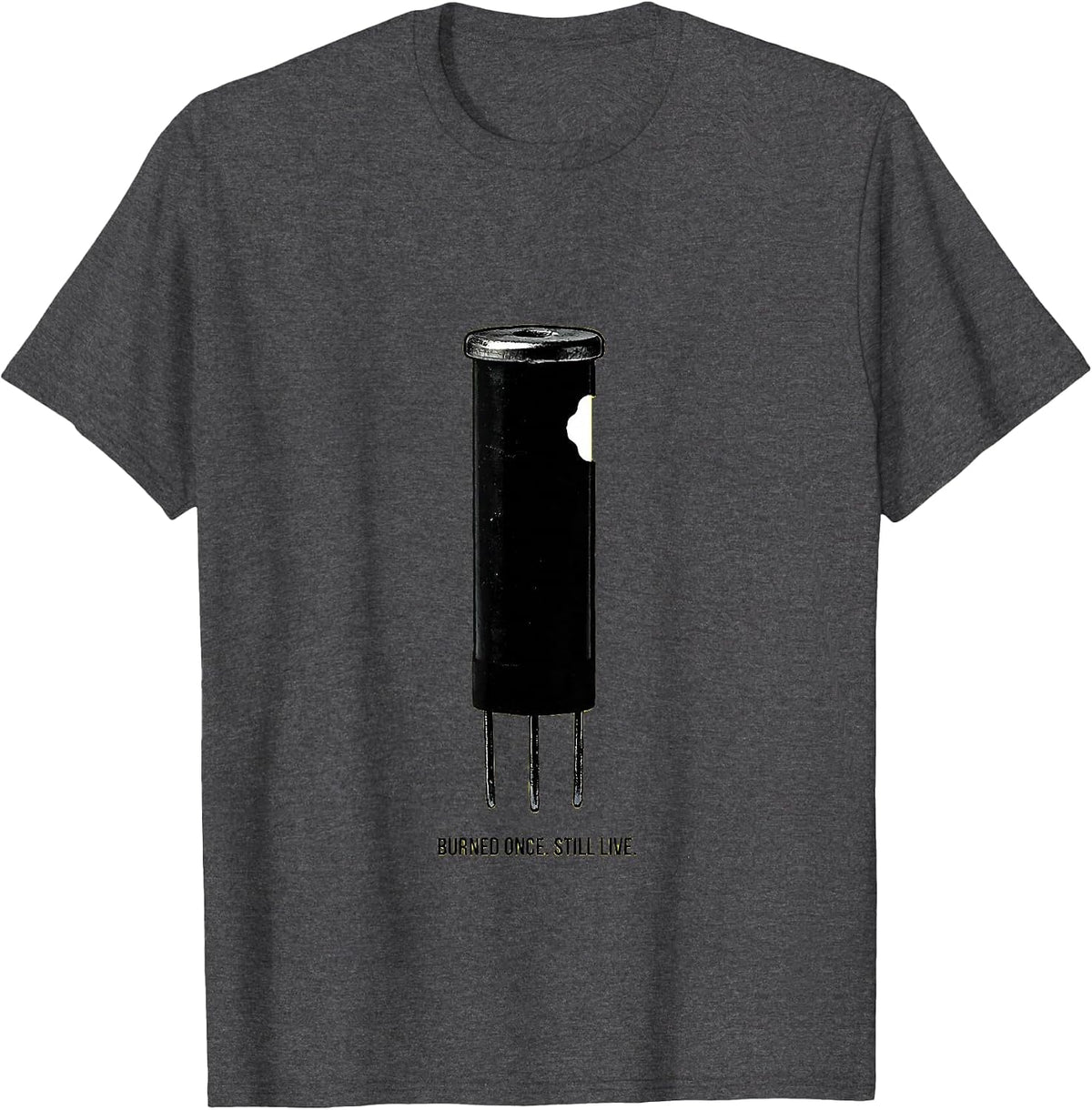 Men's Burned Once Still Live Funny Electrician Skeleton Humor T-Shirt - Dark Heather Grey