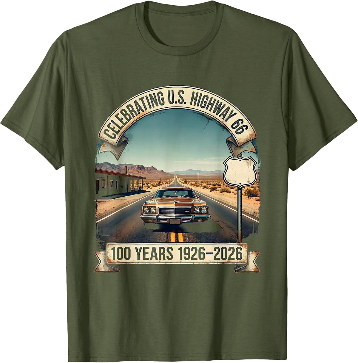 Men's Celebrating U.S. Highway 66 100 Years 1926-2026 Vintage T-Shirt - Olive Green