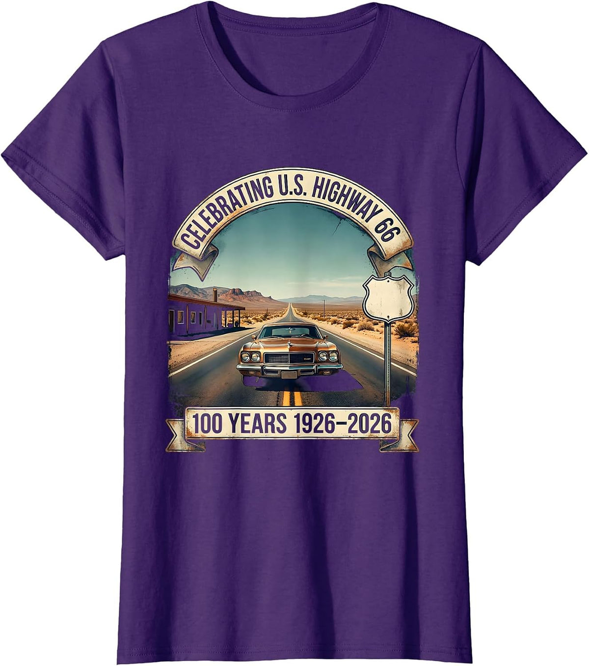 Women's Celebrating U.S. Highway 66 100 Years 1926-2026 Vintage T-Shirt - Purple