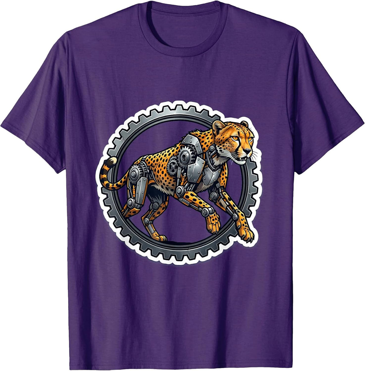 Mechanical Cheetah Steampunk Gear Art Design T-Shirt - Purple