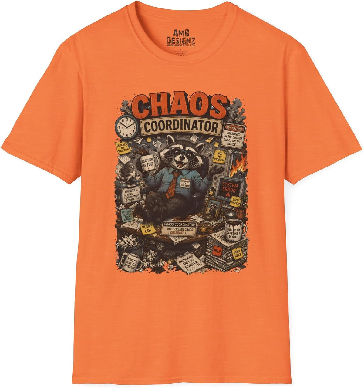 Chaos Coordinator Shirt Funny Raccoon Office Tee, Work Humor Graphic, Coworker Gift Men Women - Heather Orange