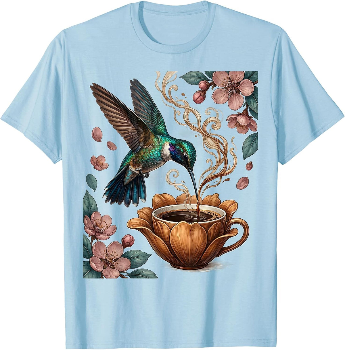 Men's Hummingbird Espresso Cup Flower Coffee Lover Design T-Shirt - Baby Blue