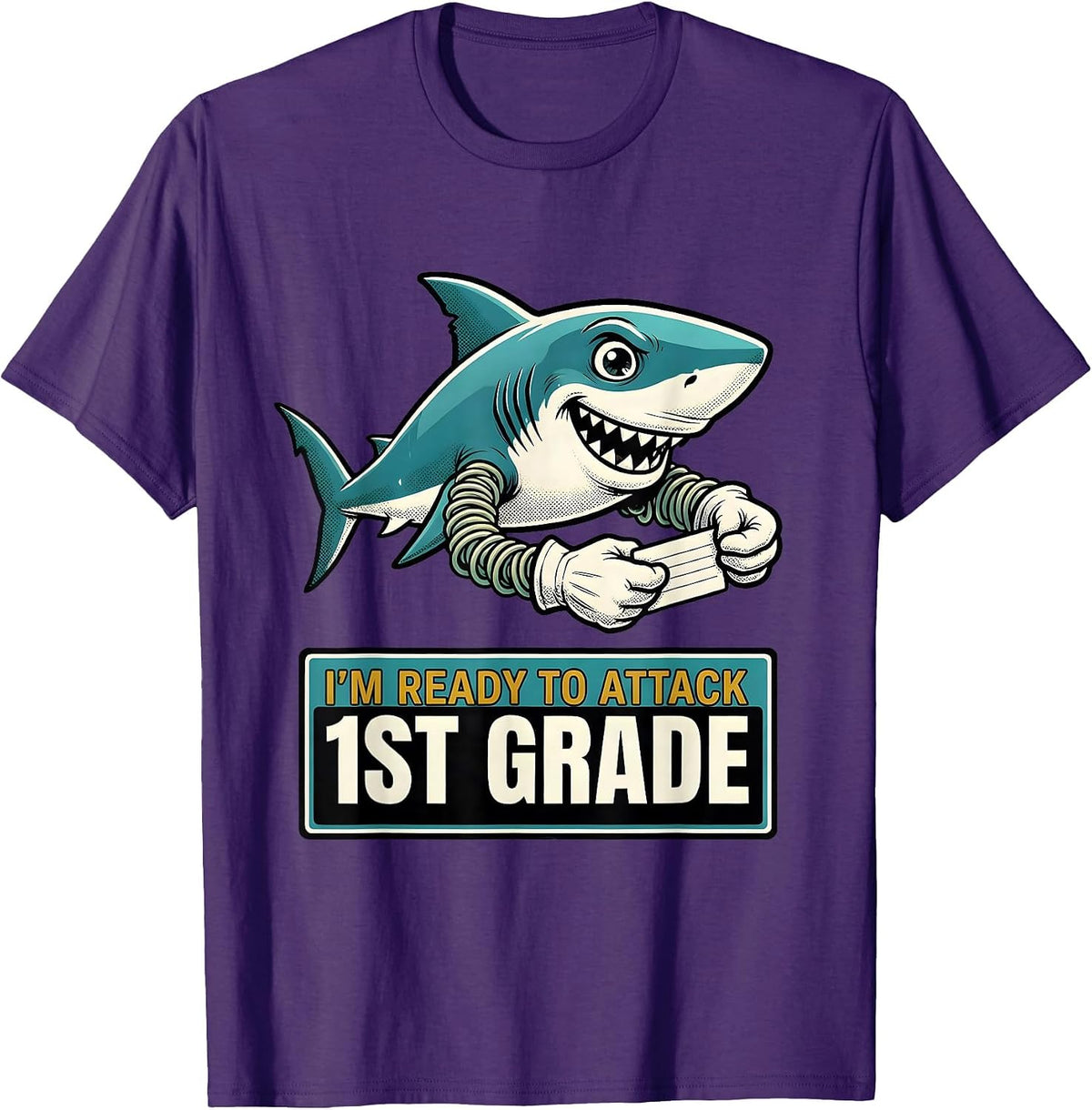 I'm Ready To Attack 1st Grade Retro Cartoon Shark First Day T-Shirt - Purple