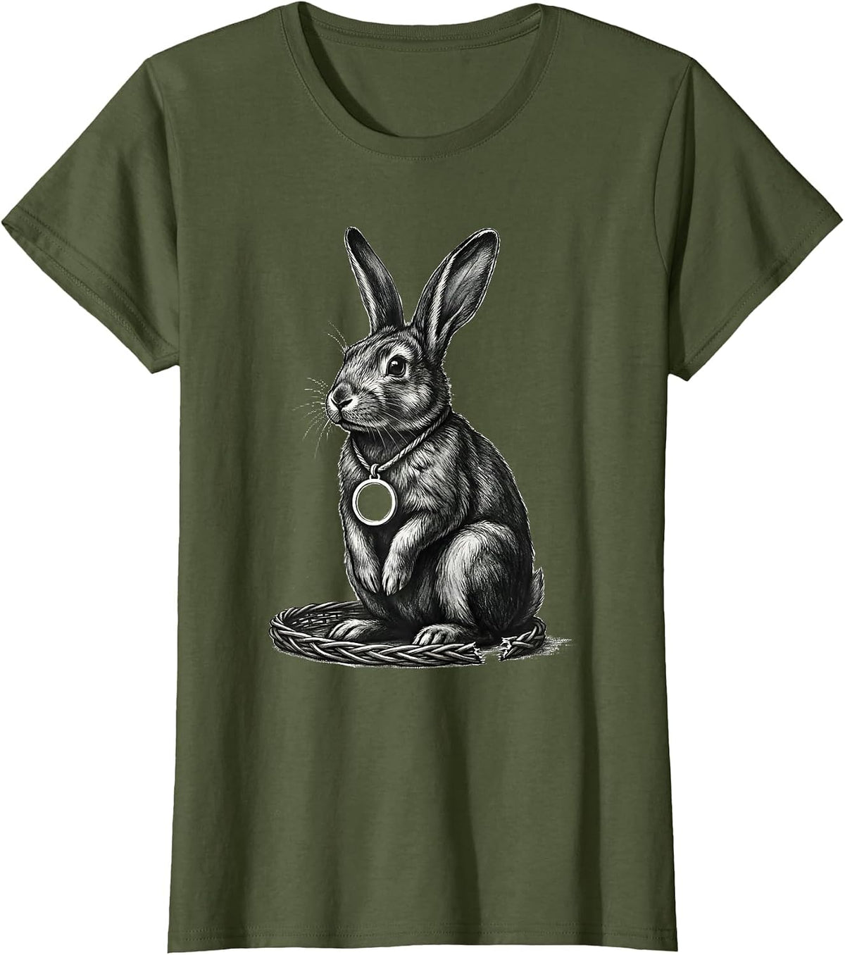 Women's Alt Bunny Medallion Grunge Goth Aesthetic T-Shirt - Olive Green