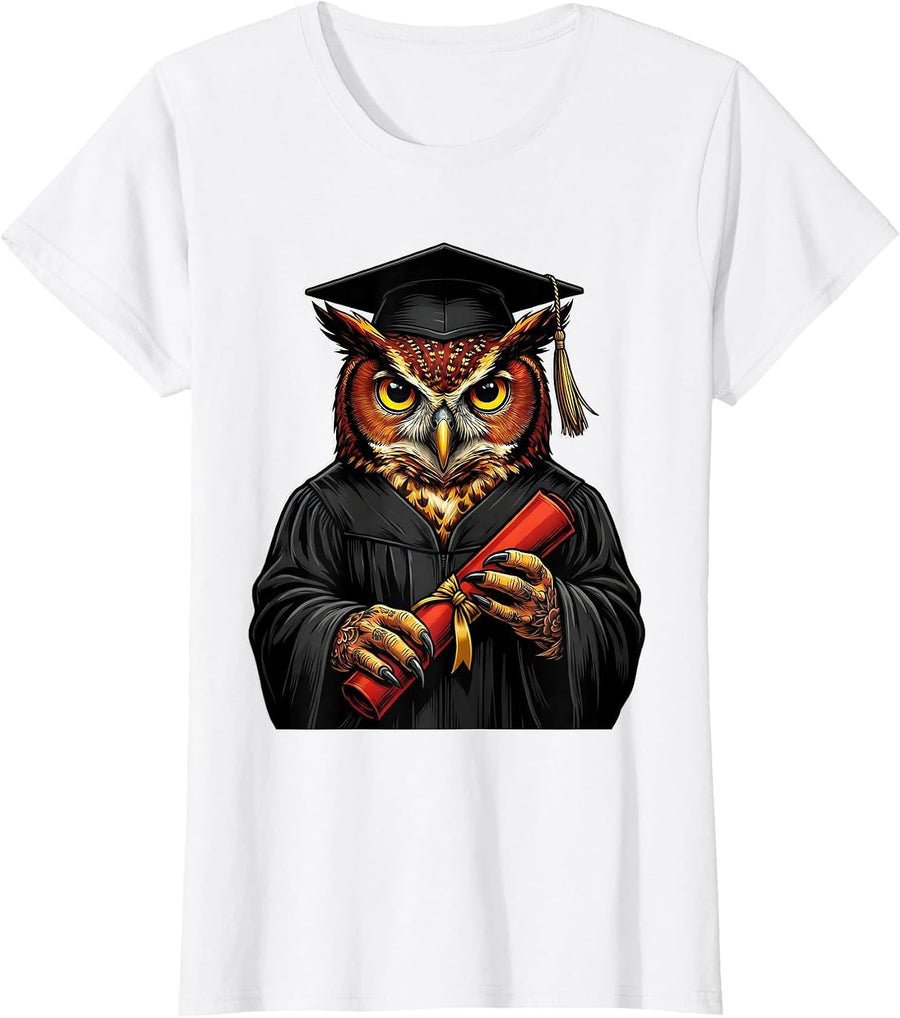 Women's Red Teacher Owl Graduation Gown Diploma Design T-Shirt - White