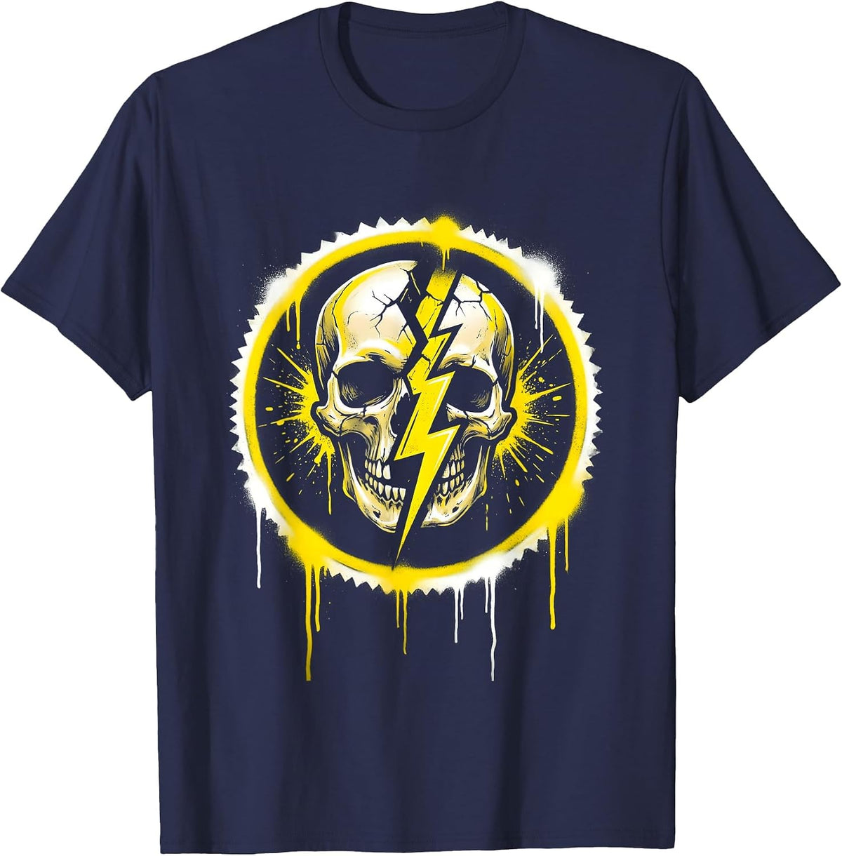 Lightning Bolt Skull Split Punk Rock Graphic T-Shirt - Navy Blue