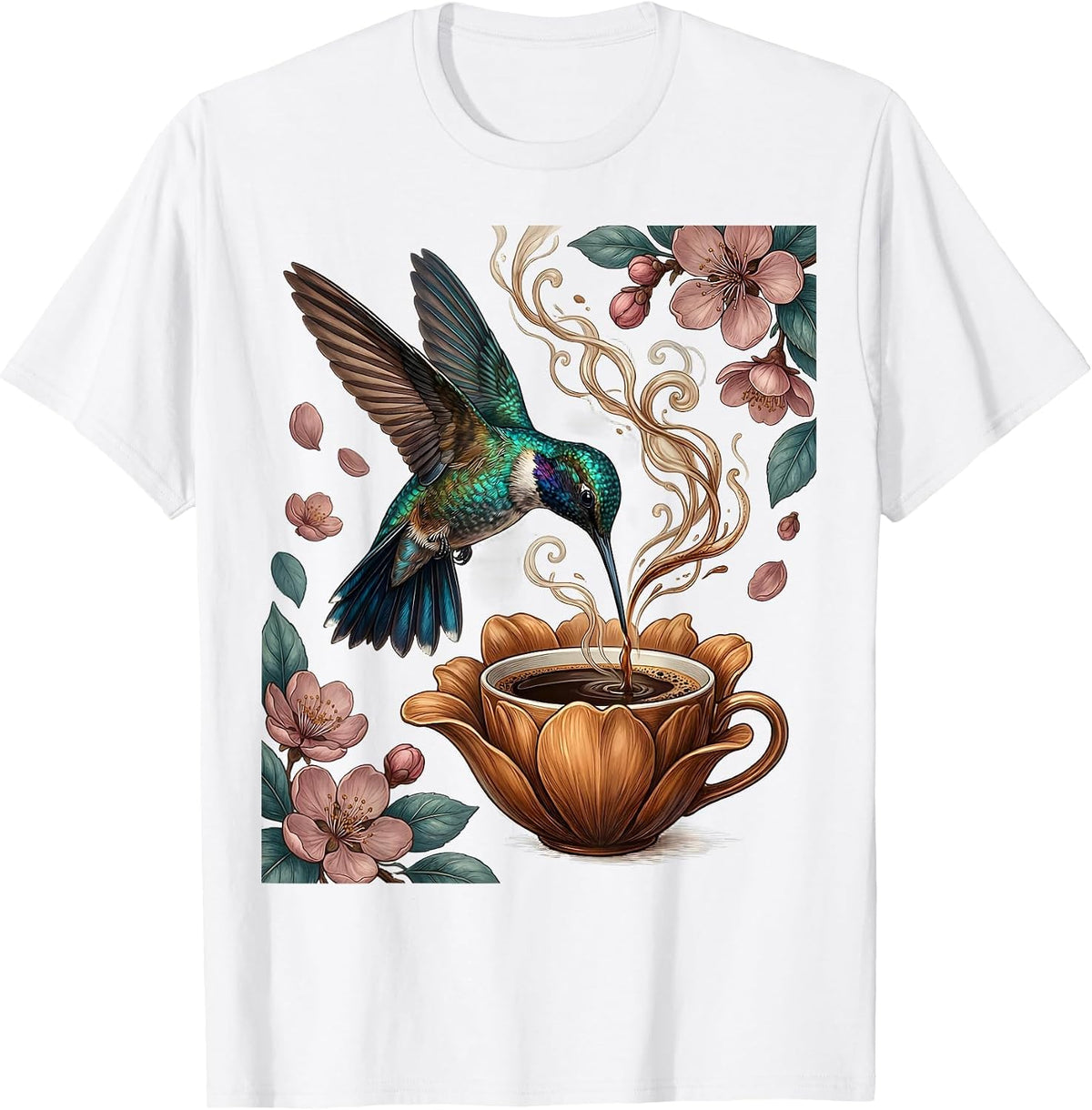 Men's Hummingbird Espresso Cup Flower Coffee Lover Design T-Shirt - White