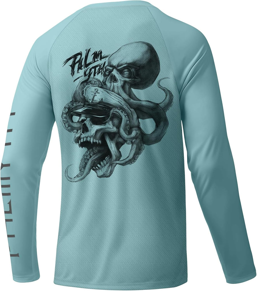 Palmyth Fishing Shirts for Men Long Sleeve UPF 50+ T Shirt Sun Protection Tee UV T-Shirts - Skyblue-skulloctopus
