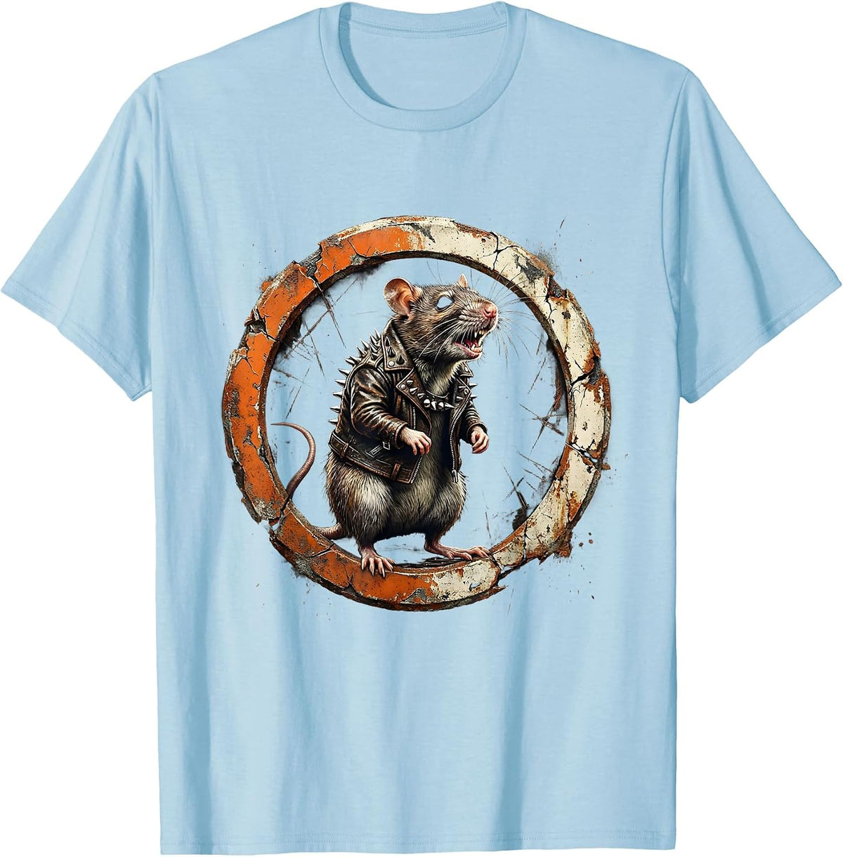 Men's Punk Rat Studded Leather Jacket Graphic Tee T-Shirt - Baby Blue