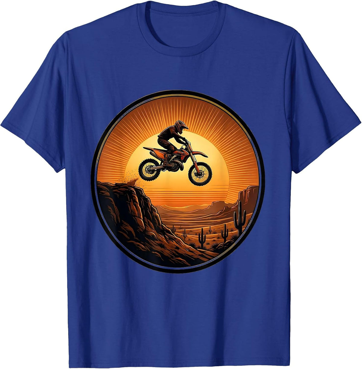 Dirt Bike Silhouette Against Setting Sun Graphic T-Shirt - Royal Blue