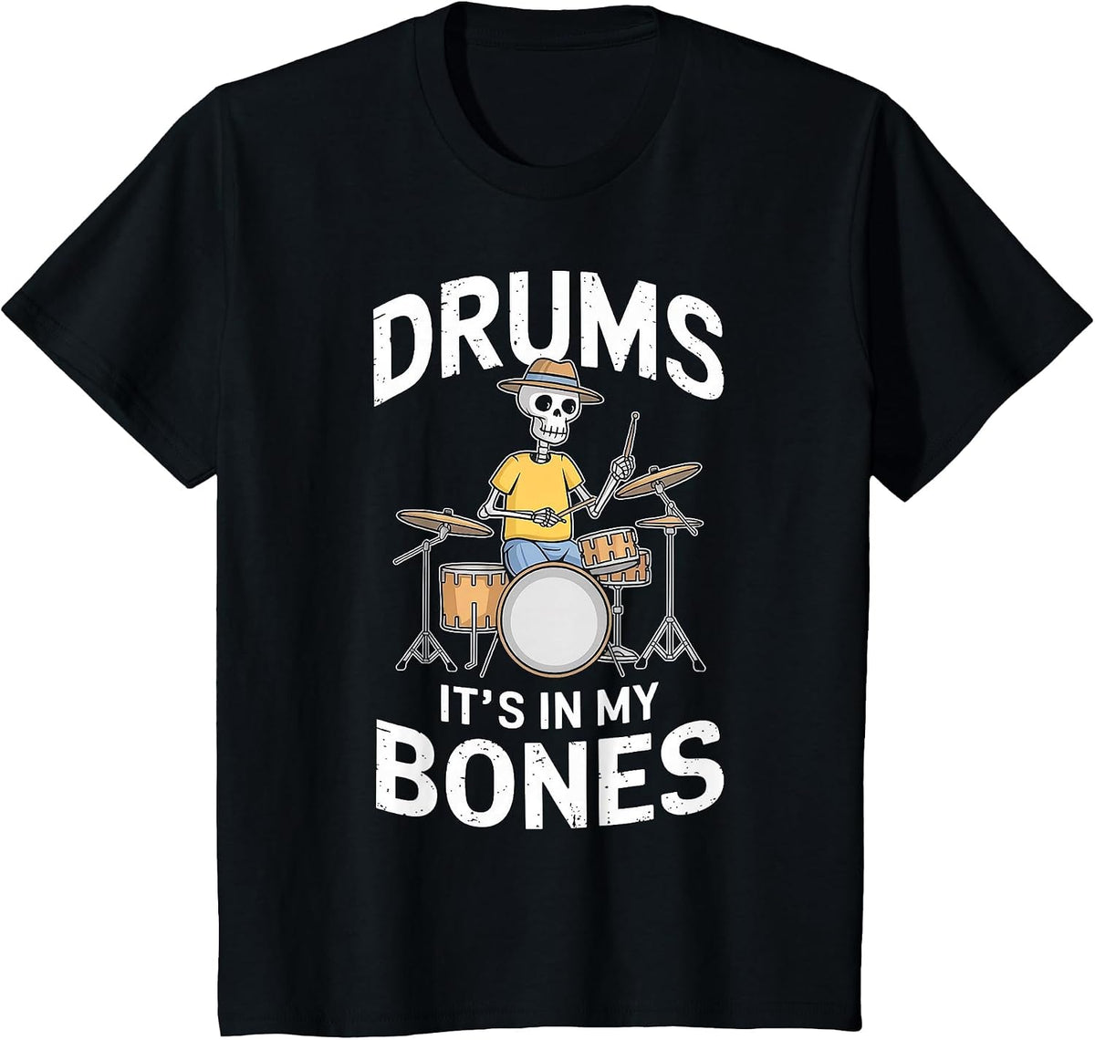 Funny Drummer Skeleton Playing Drums T-Shirt - Black