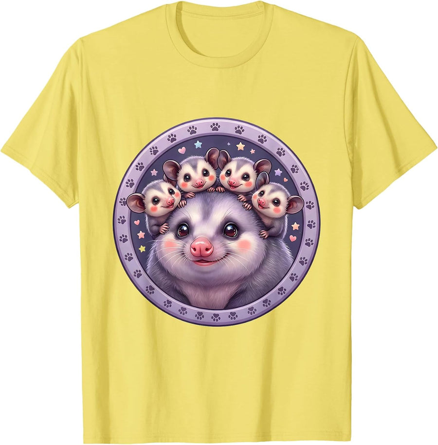 Men's Opossum Mother With Babies on Back Illustration T-Shirt - Lemon Yellow
