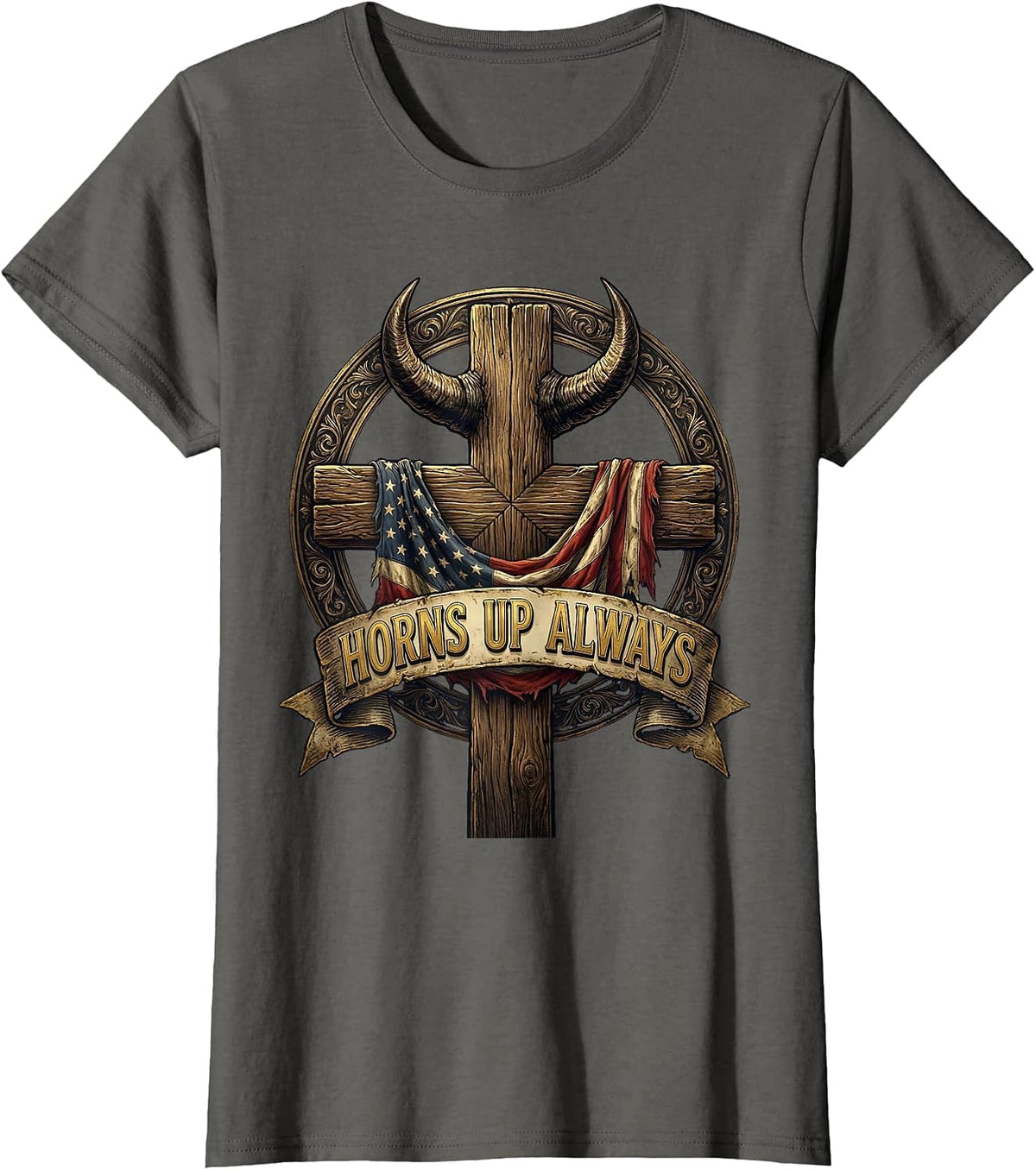 Women's Horns Up Always Metal Band Graphic Design T-Shirt - Asphalt Grey