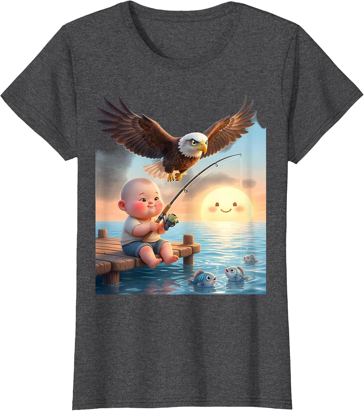 Women's Patriotic Kids Fishing at Sunset Eagle Design T-Shirt - Dark Heather Grey