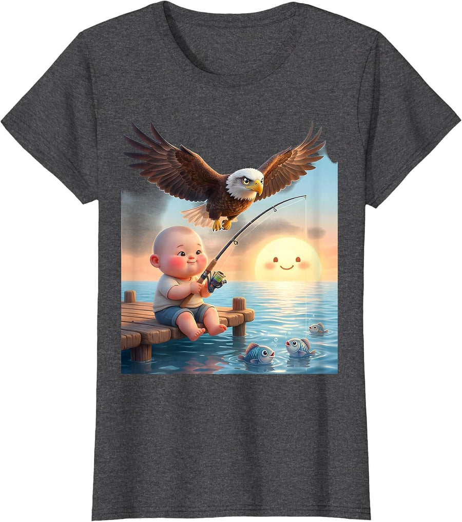 Women's Patriotic Kids Fishing at Sunset Eagle Design T-Shirt - Dark Heather Grey