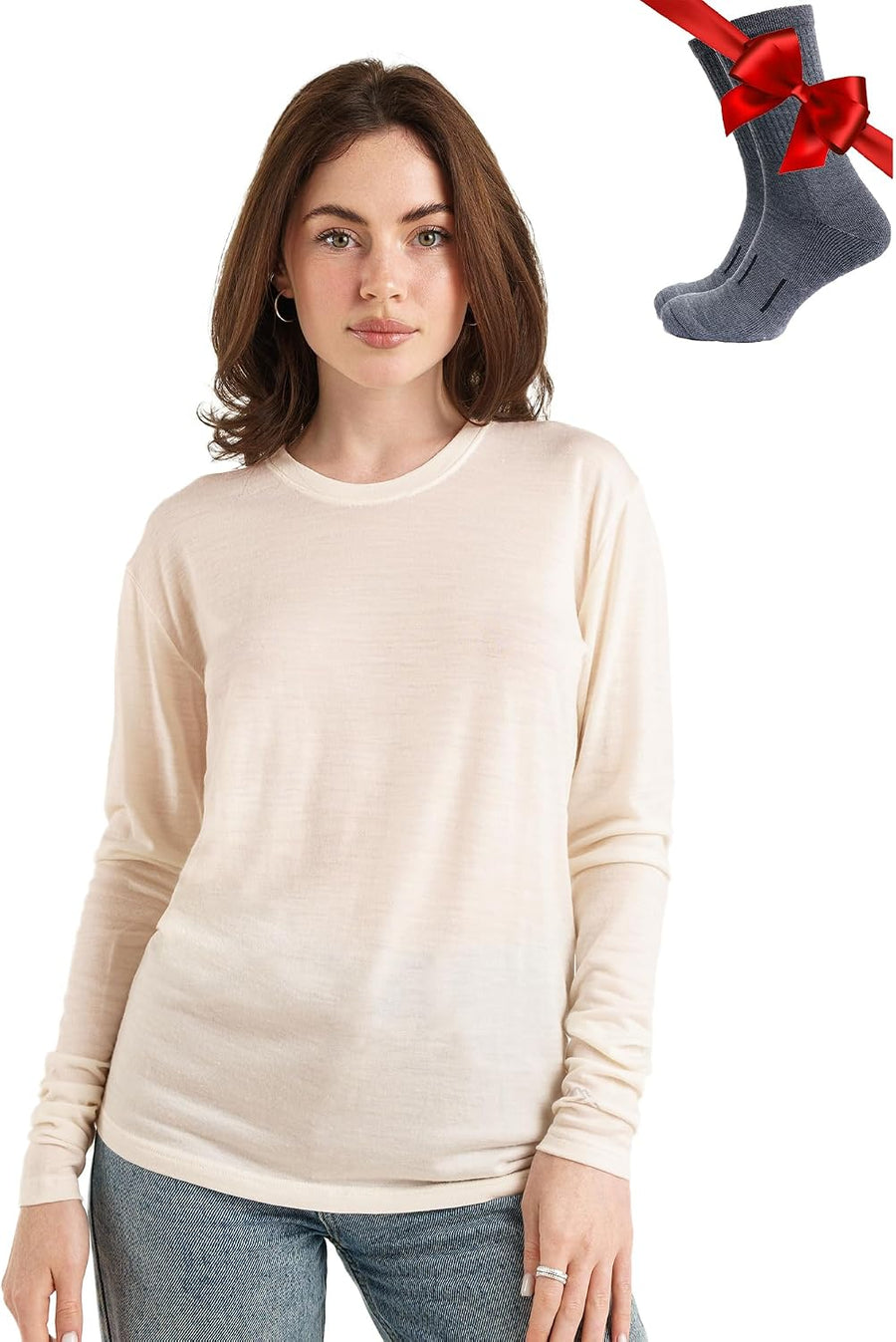 100% Merino Wool Base Layer Women - Long Sleeve Thermal Shirt with Socks - 165 Cream White