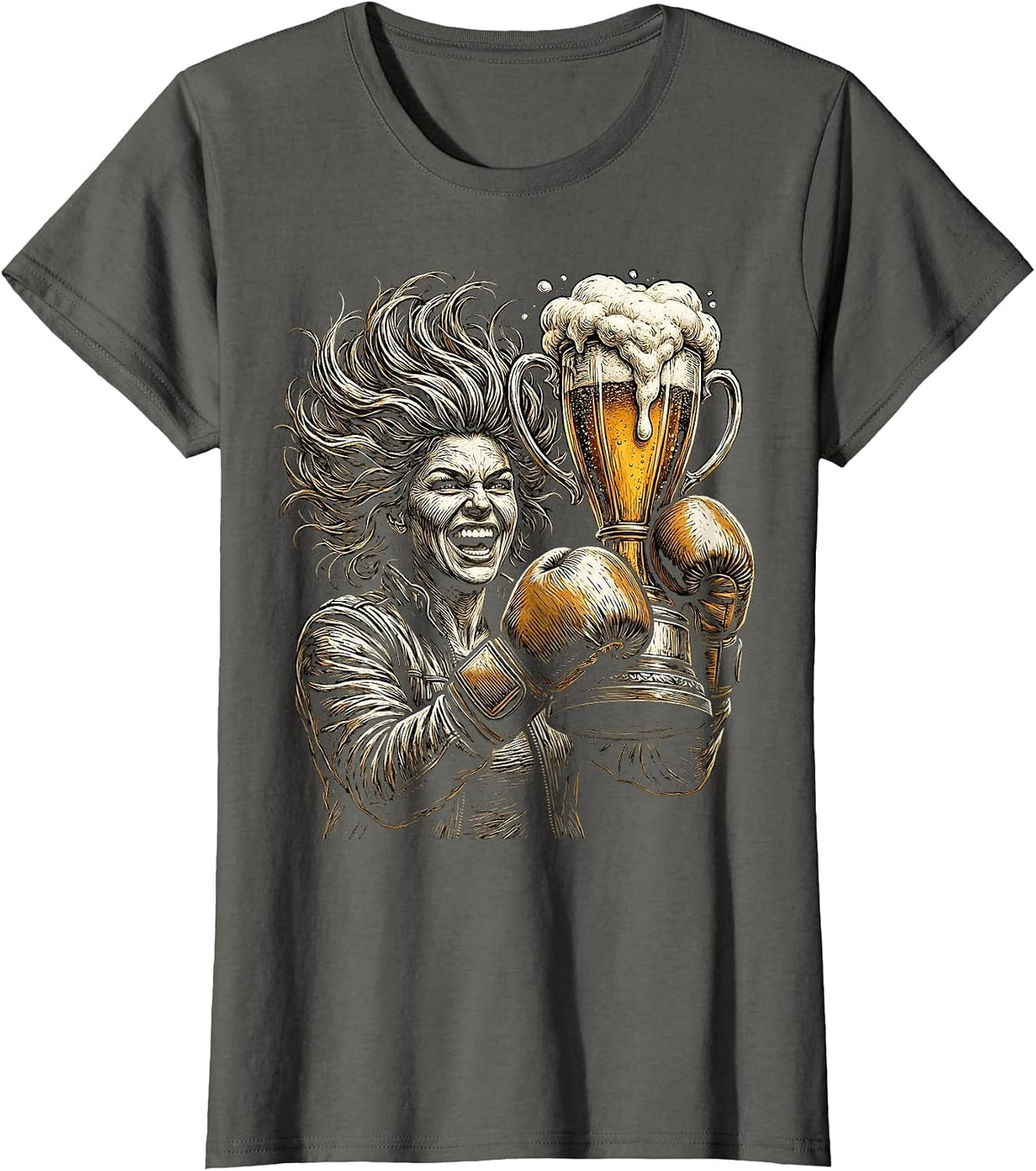Women's Beer Trophy Boxing Gloves Champion Graphic T-Shirt - Asphalt Grey