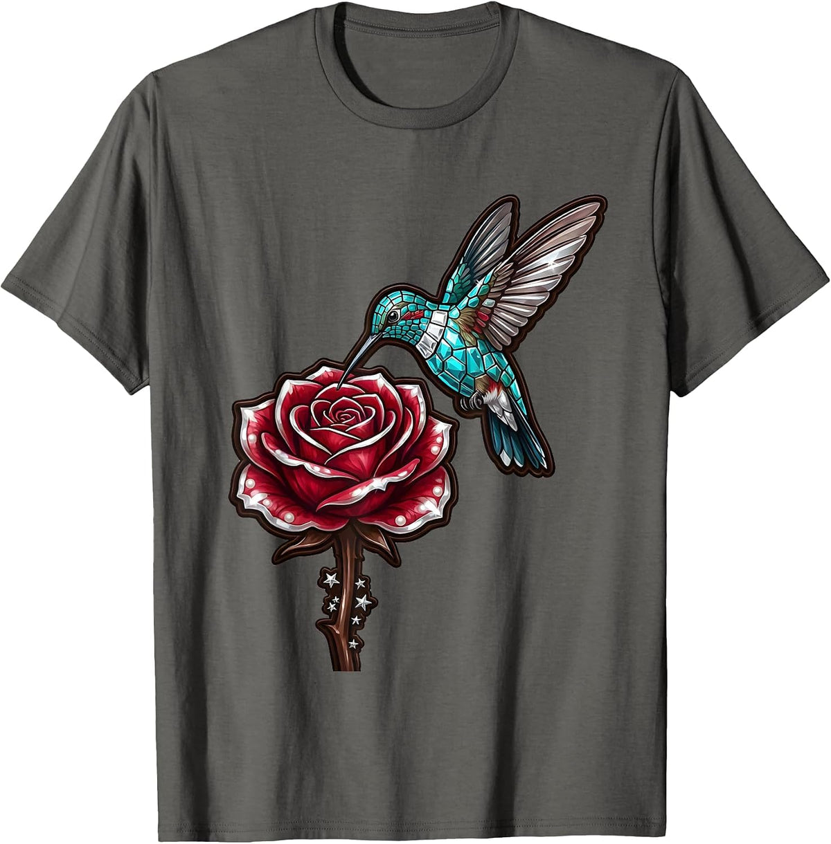 Hummingbird Hovering Over Blooming Rose T-Shirt - Asphalt Grey