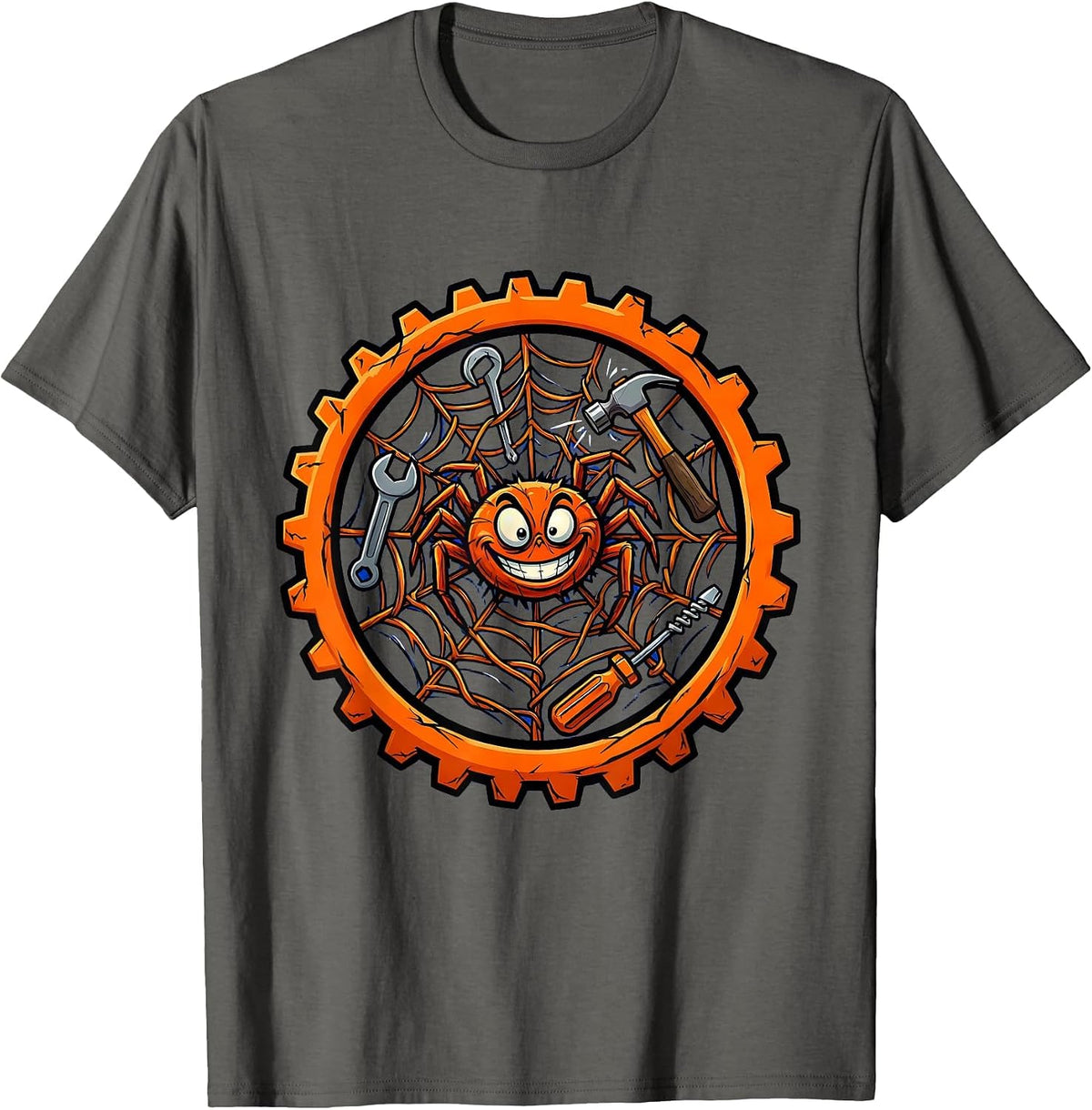 Unhinged Chaotic Spider Web Tangled Tools Design T-Shirt - Asphalt Grey