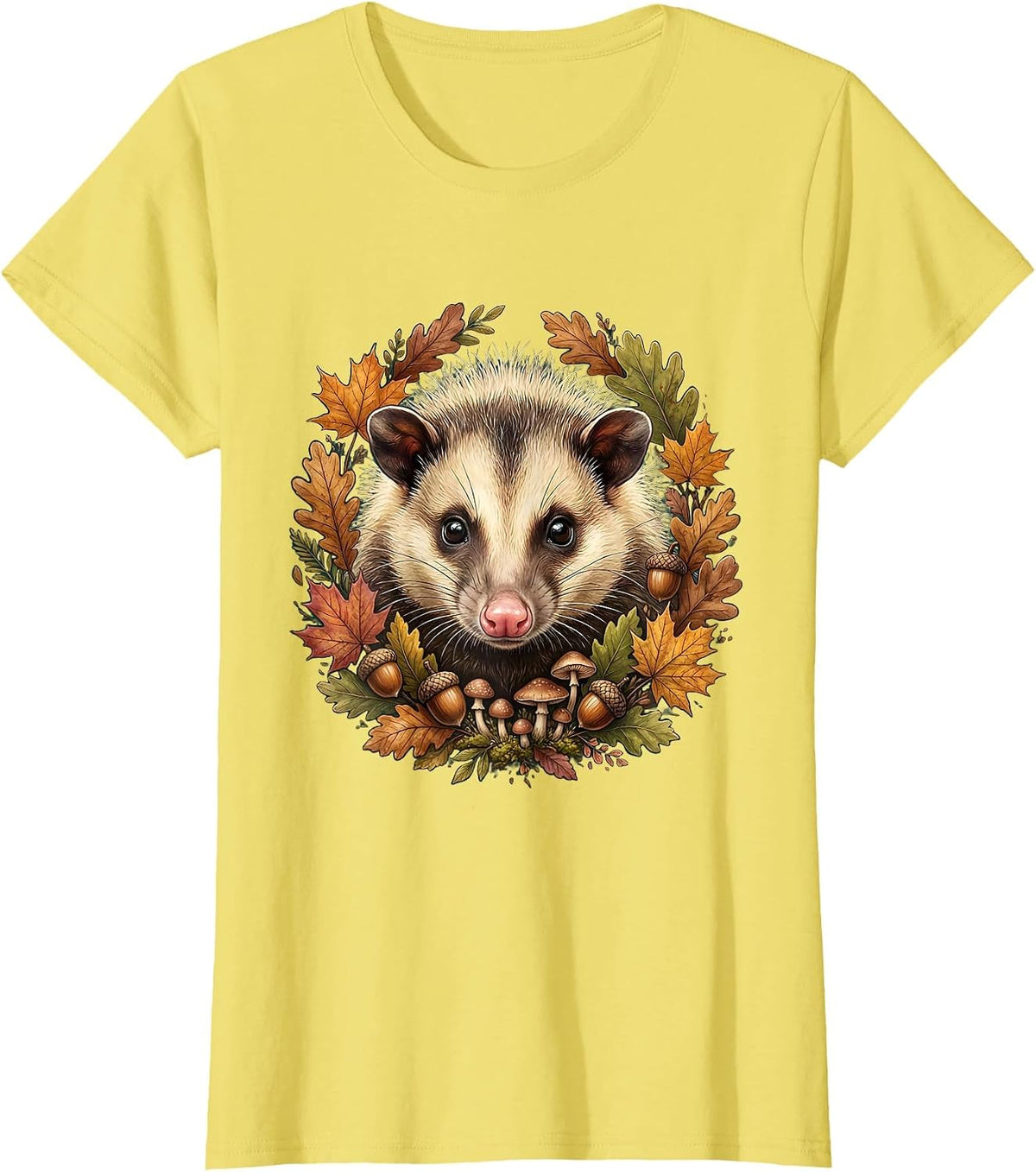 Women's Autumn Opossum Close-Up Fall Wildlife Illustration T-Shirt - Lemon Yellow