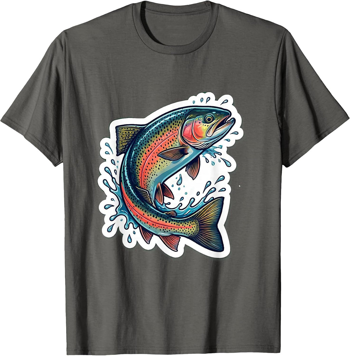 Trout Leaping Mountain Stream Fishing Illustration T-Shirt - Asphalt Grey