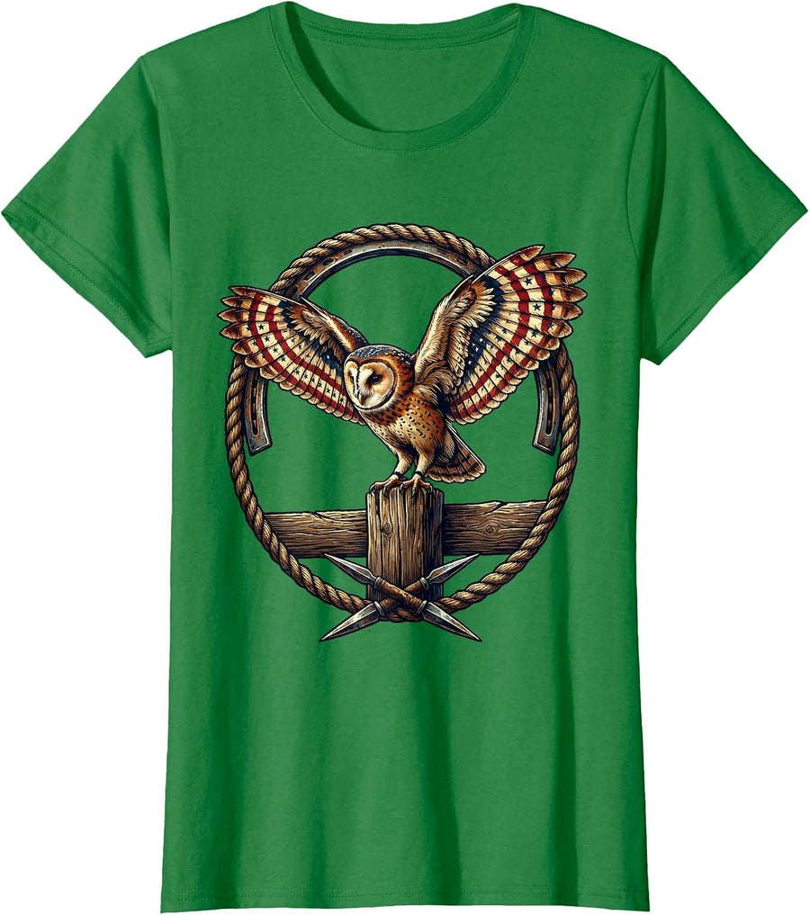 Women's Barn Owl on Fence Post Illustration T-Shirt - Kelly Green