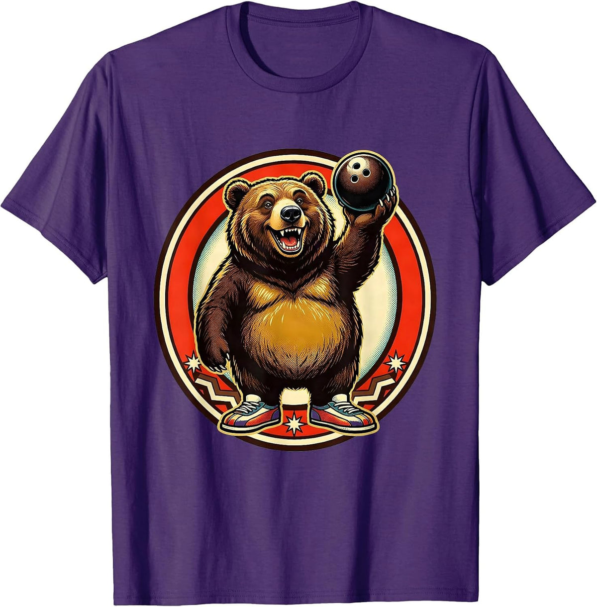Men's Bear Bowling Illustration Funny Bowling Graphic T-Shirt - Purple