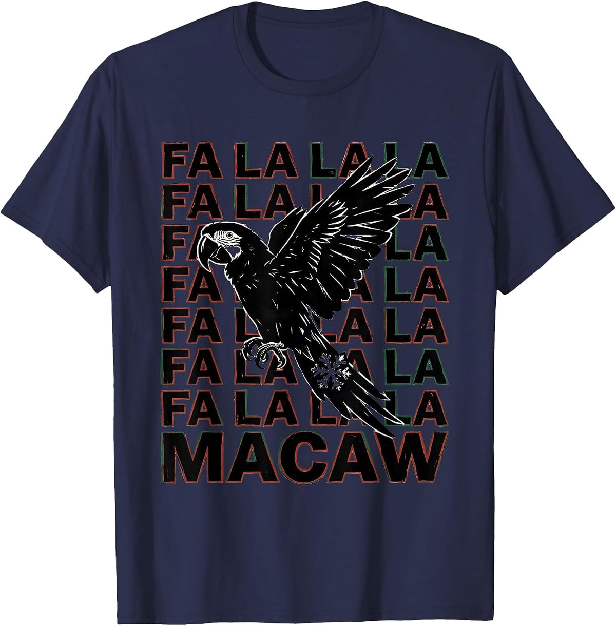Fa La La La Macaw Linocut Funny Christmas Bird Lover Humor T-Shirt - Navy Blue