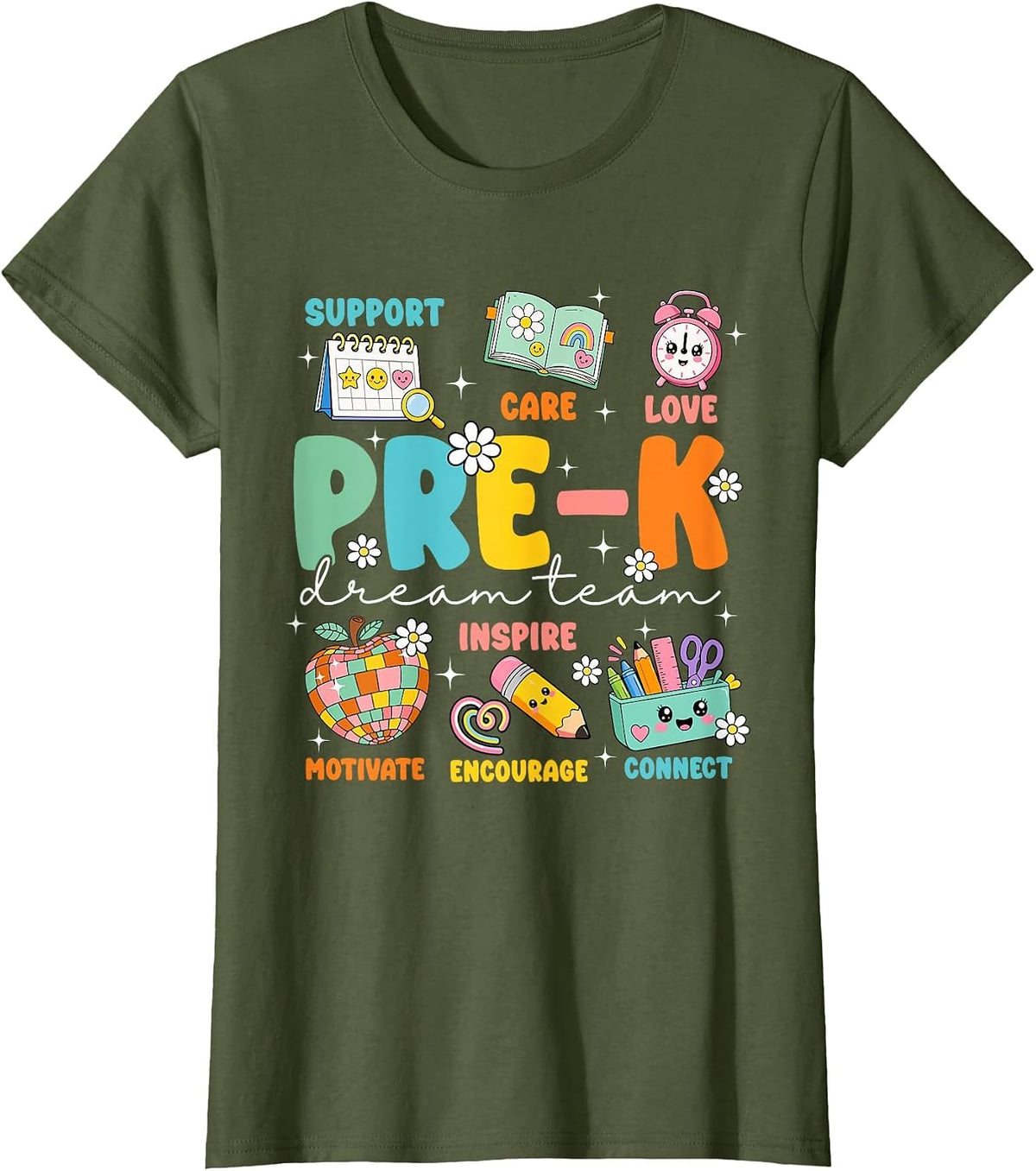 Team PreK Teacher Preschool Back to School Care Love Support T-Shirt - Olive Green