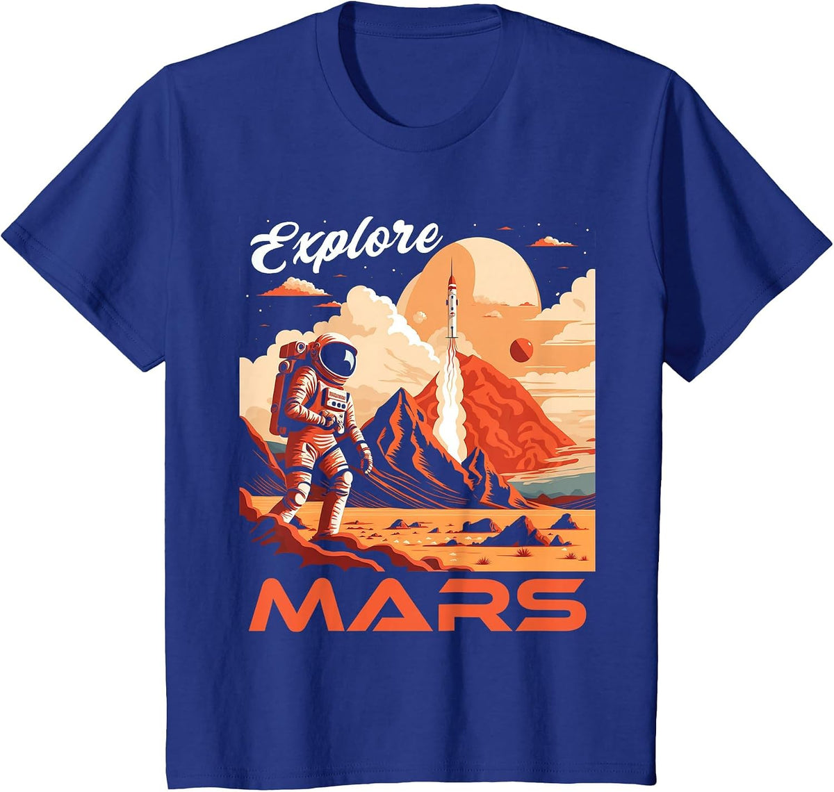Explore Mars Vintage Martian Tourism Poster Style Space T-Shirt - Royal Blue