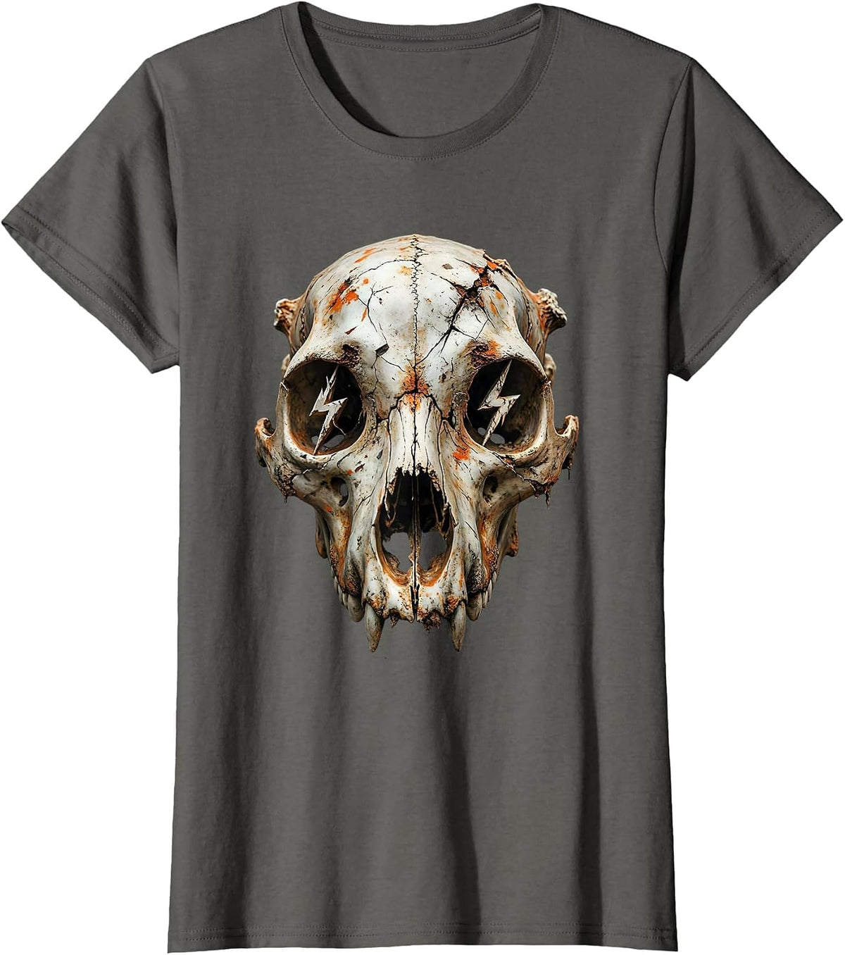 Women's Dog Skull Lightning Bolt Eyes Graphic Design T-Shirt - Asphalt Grey