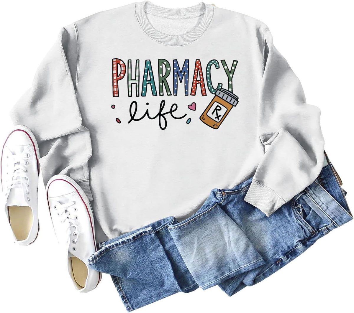 HONTOUTE Womens Pharmacy Life Graphic Sweatshirt Pharmacist Appreciation Gift Long Sleeve Fall O-Neck Pullovers Tops - White