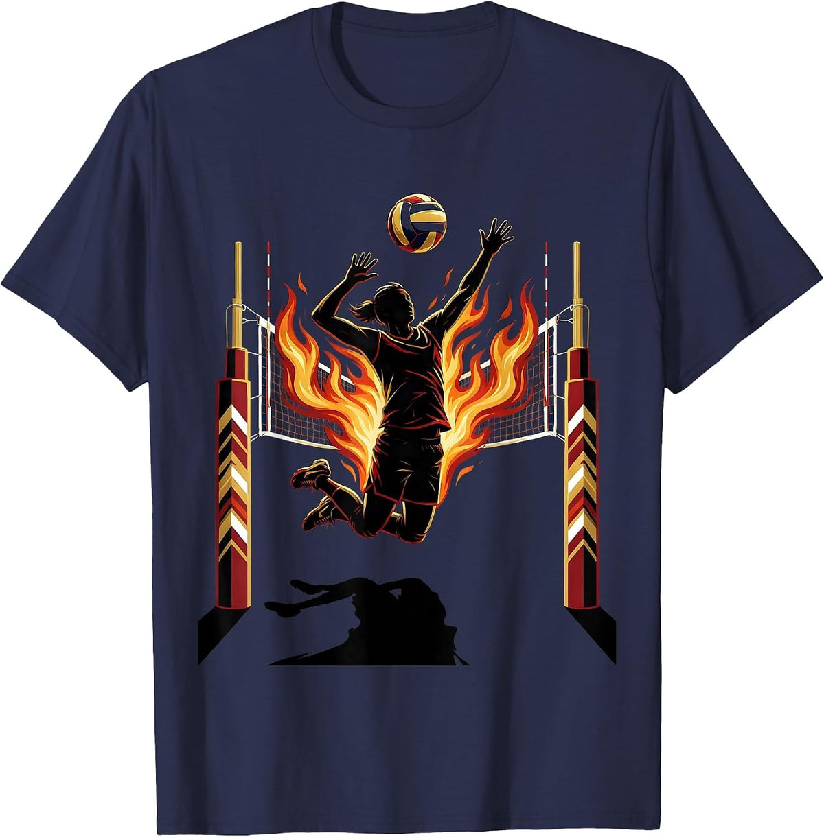 Volleyball Mom Flaming Net Graphic Design T-Shirt - Navy Blue
