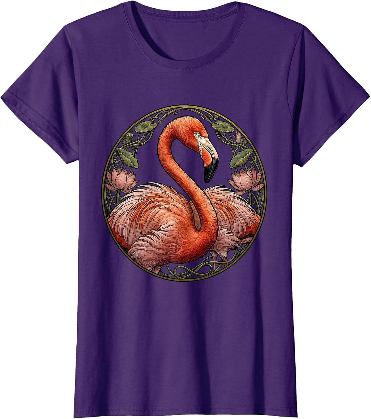 Women's Flamingo Crescent Moon Neck Curl Illustration T-Shirt - Purple