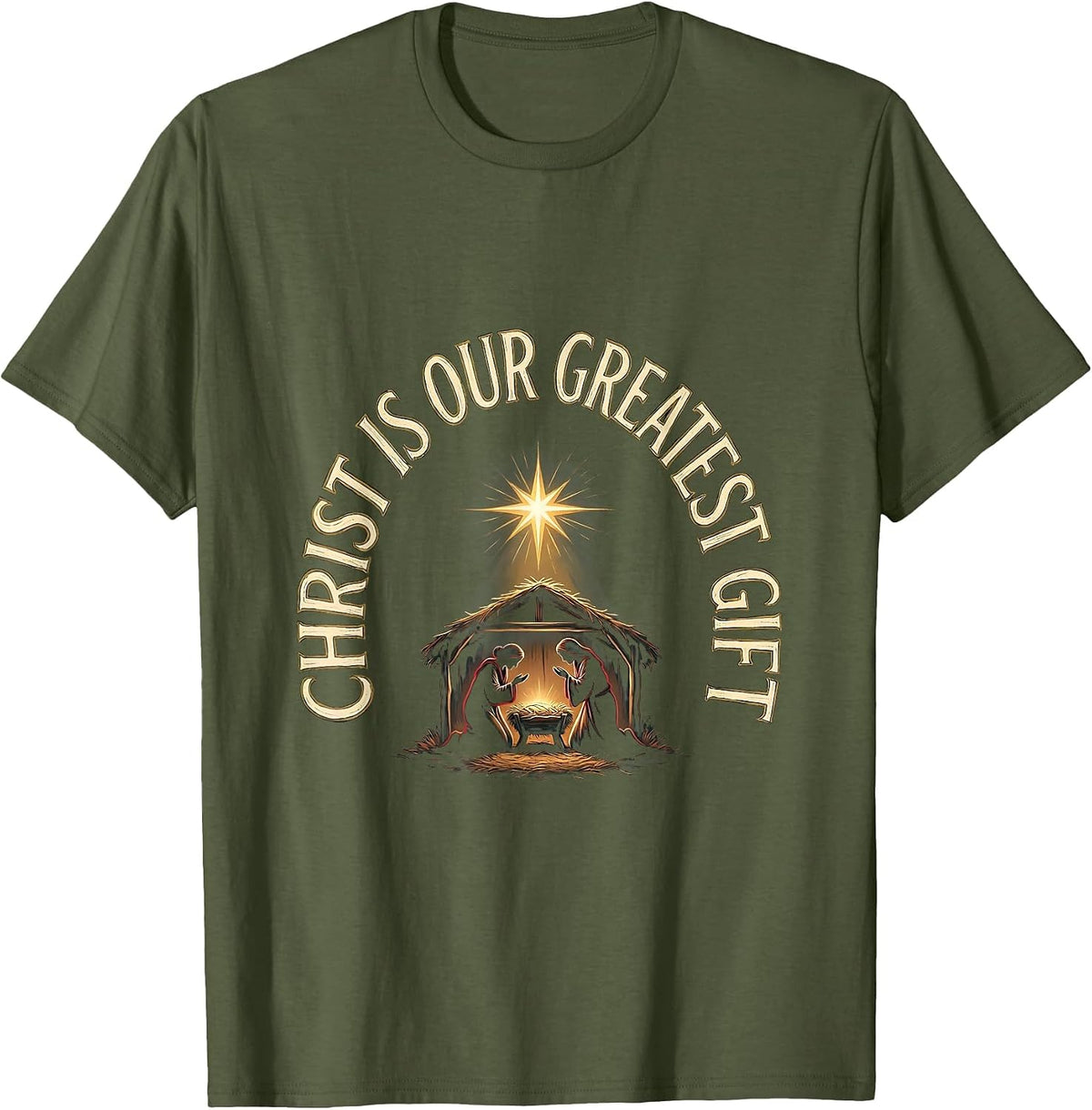 Christ Is Our Greatest Gift Religious Christian Christmas T-Shirt - Olive Green