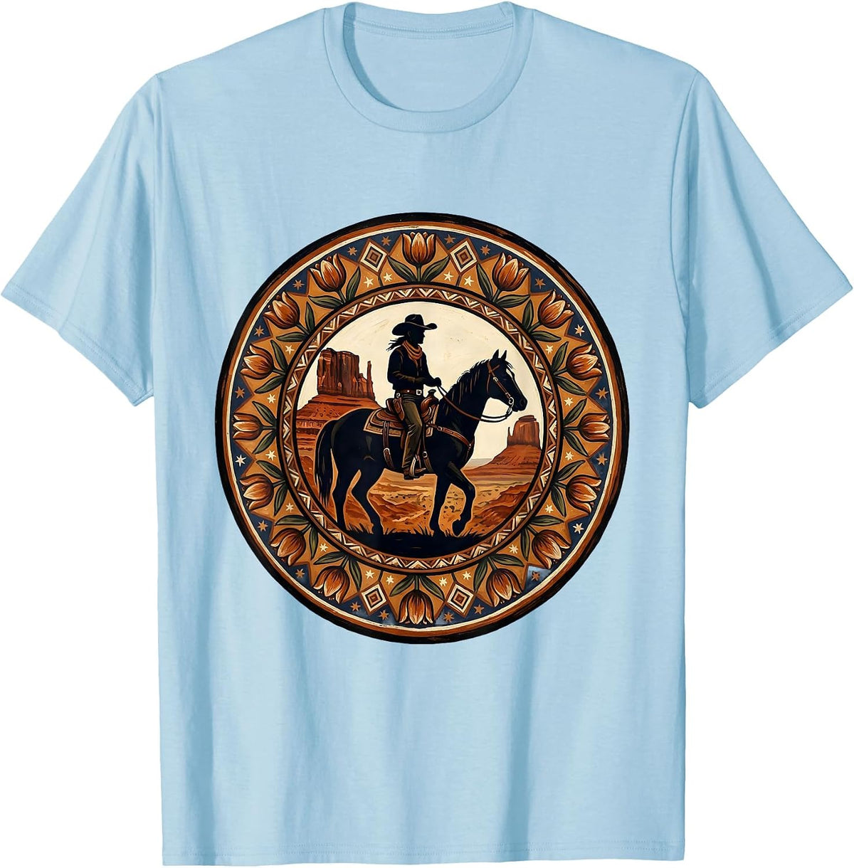 Men's Cowgirl on Horseback Canyon Silhouette T-Shirt - Baby Blue