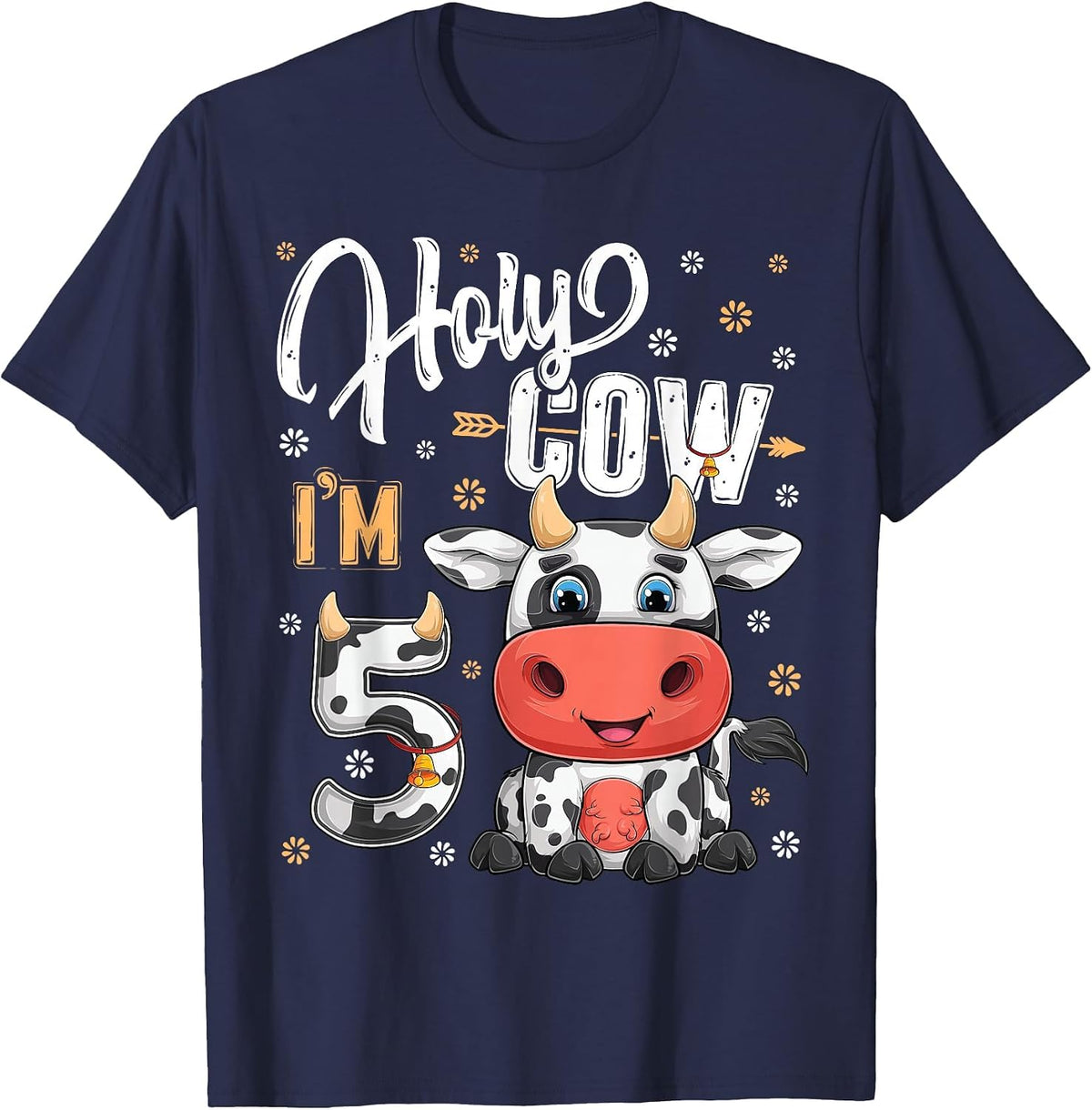 Holy Cow I'm Five 5 Year Old Cows Farm Theme 5th Birthday T-Shirt - Navy Blue