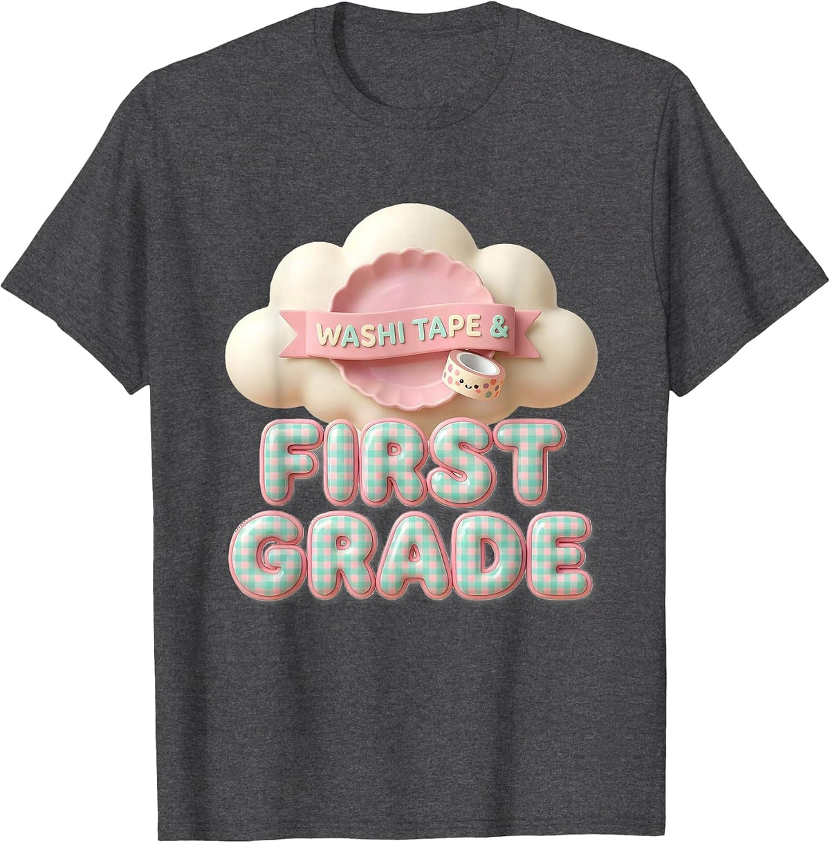 Men's Washi Tape & First Grade Cute Kawaii Checkered Girl Teacher T-Shirt - Dark Heather Grey