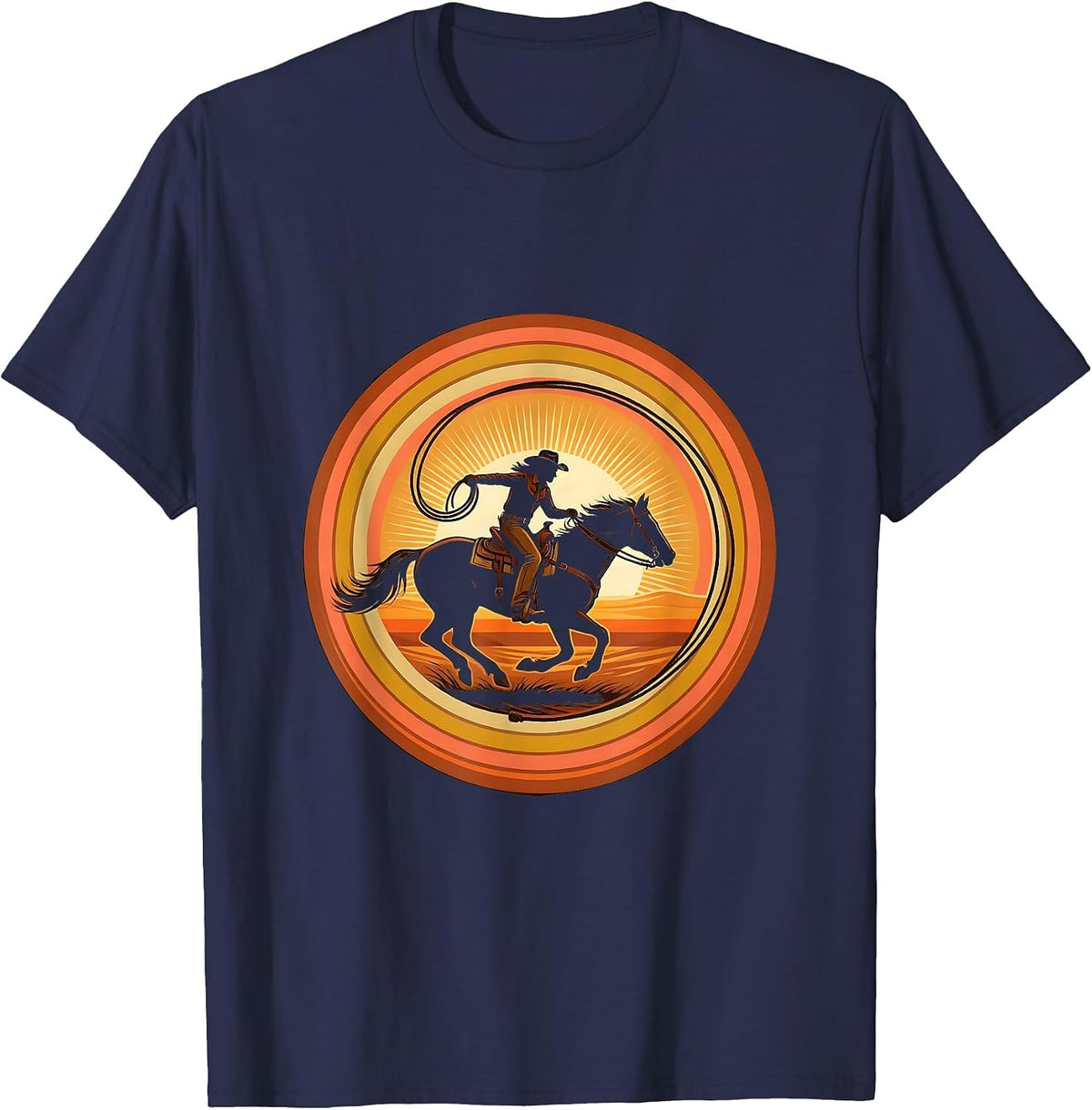 Cowgirl Twirling Rope on Horseback Illustration T-Shirt - Navy Blue