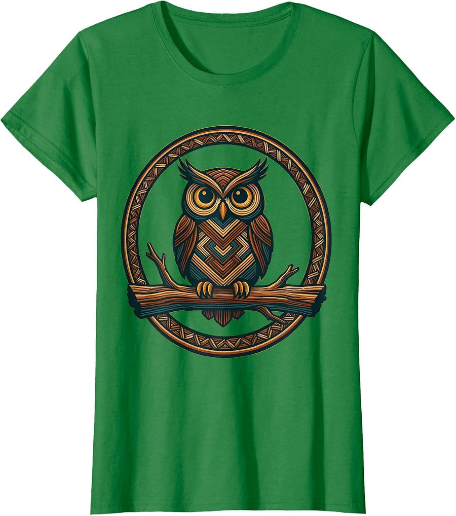 Women's Retro 70s Macrame Owl on Driftwood Branch T-Shirt - Kelly Green